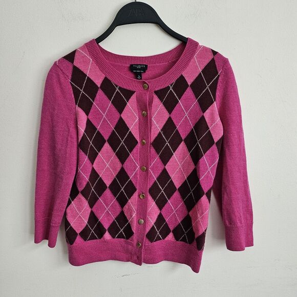 Talbots Pink Argyle Merino Wool Cardigan Sweater Small Petite Excellent - Picture 2 of 7